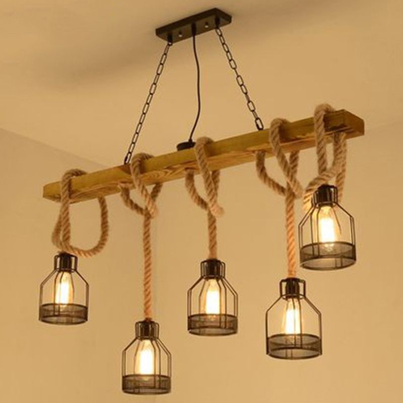 Linear Restaurant Hanging Island Light Cottage Wood 3/5-Light Brown Roped Pendant Lamp with Cage