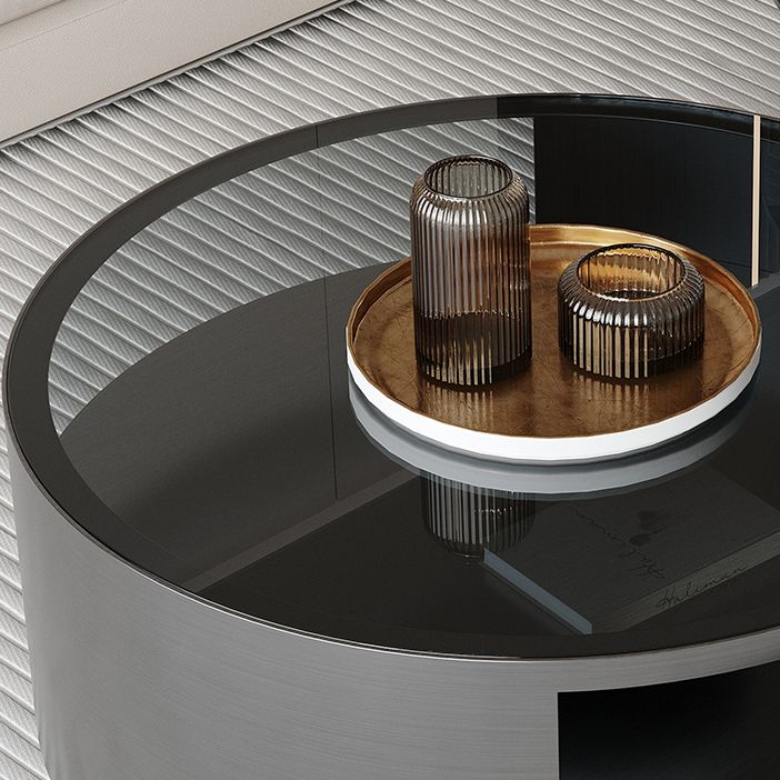 Contemporary Round Glass Coffee Table Set 1-Drawer 2 Piece Bunching Tables