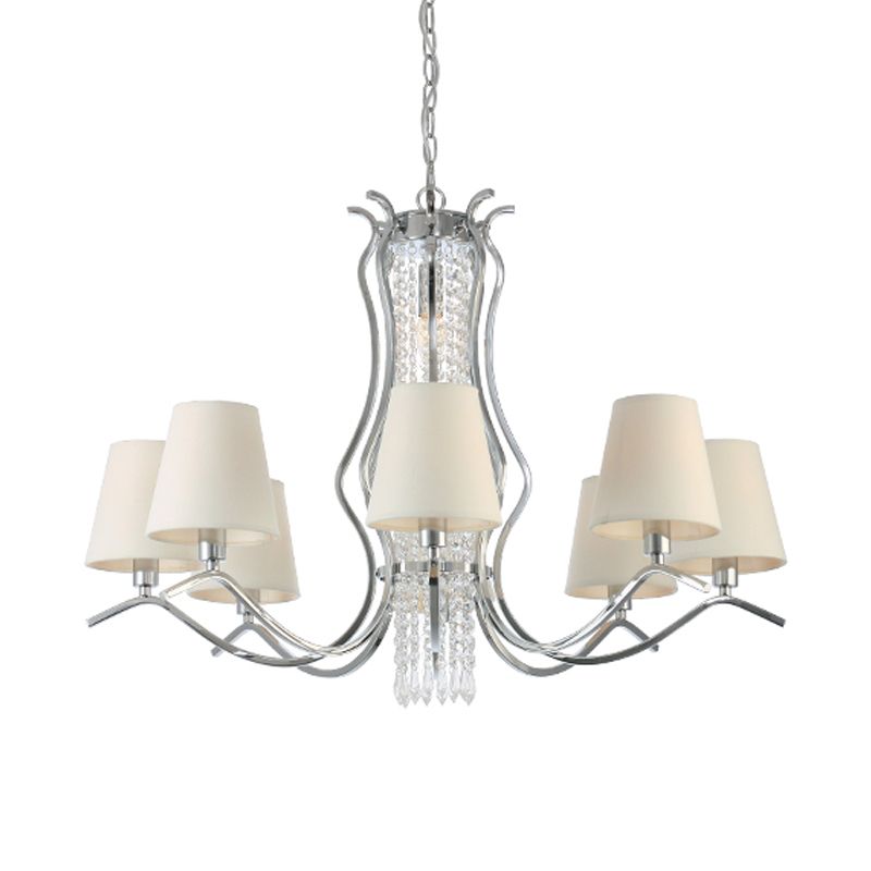 Clear Crystal Stands scrollen Hangluchting Traditionele 9 hoofden Palon Kroonluchter met witte taps toelopende stofschaduw