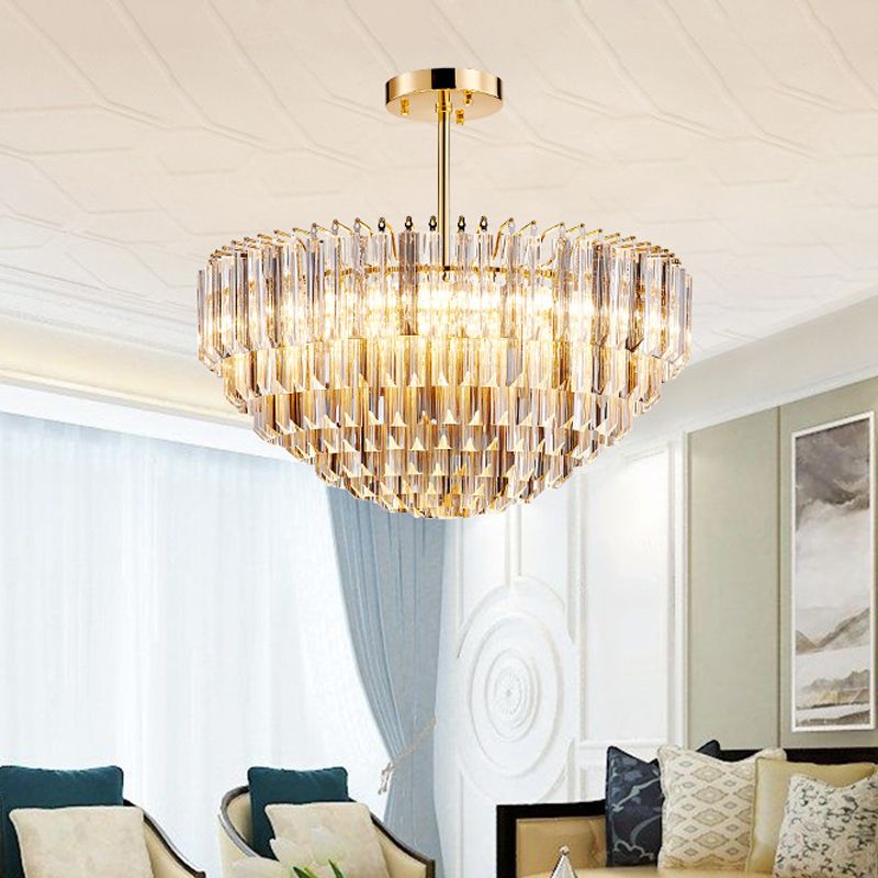 10 Lights Conic Semi Mount Lighting Modernist Gold Faceted Crystal Ceiling Light Fixture with Tiered Design