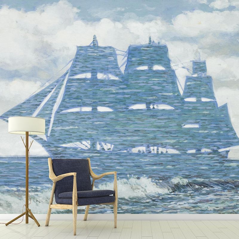 Big Sailing Ship Wallpaper Murals Surrealism Inspiring Artwork Wall Covering in Pink-Blue
