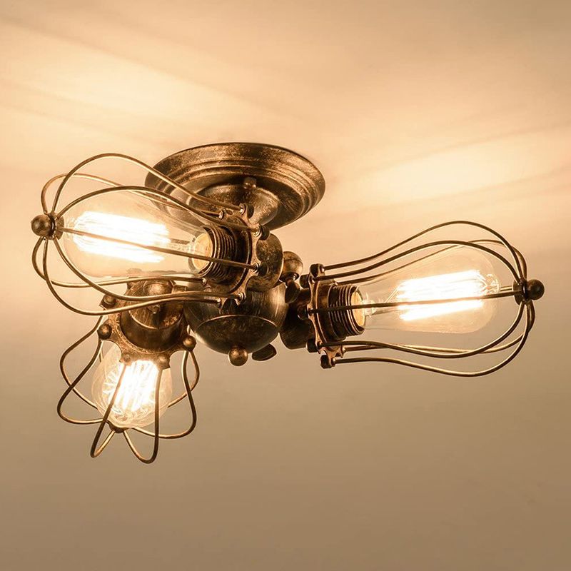 Industrial Vintage 3-Light Ceiling Light Wrought Iron Semi Flush Mount for Interior Spaces