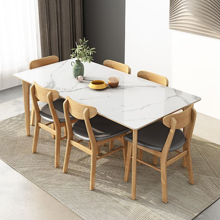 Midcentury Rectangle Dining Table Sintered Stone Table with 4 Legs Wood Base