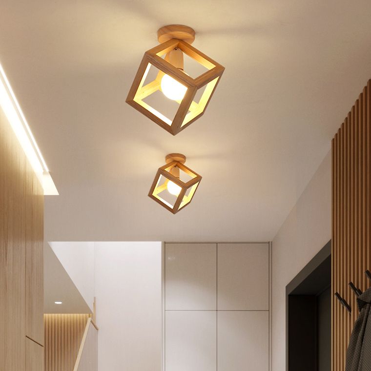 Contemporary Cube Flush Light Fixture Wood 1 Light Flush Mount Ceiling Fixture in Brown
