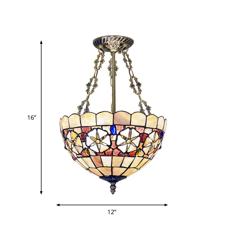 3 Lights Ceiling Mount Chandelier Tiffany Scalloped Handcrafted Shell Semi Flush Light in Brass