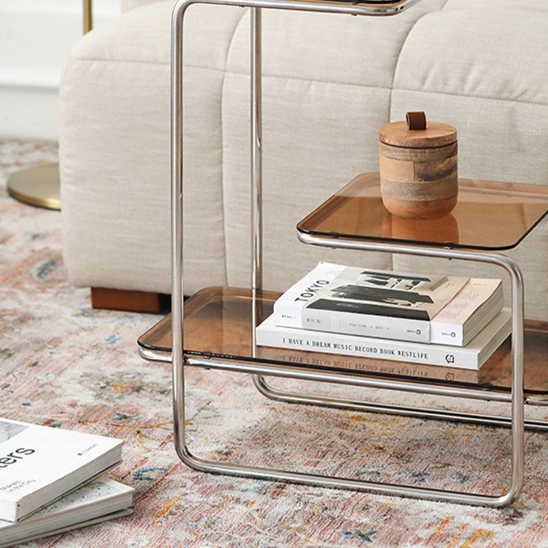 Modernistic Side Table Glass Sled with Storage Square 3-Tier End Table
