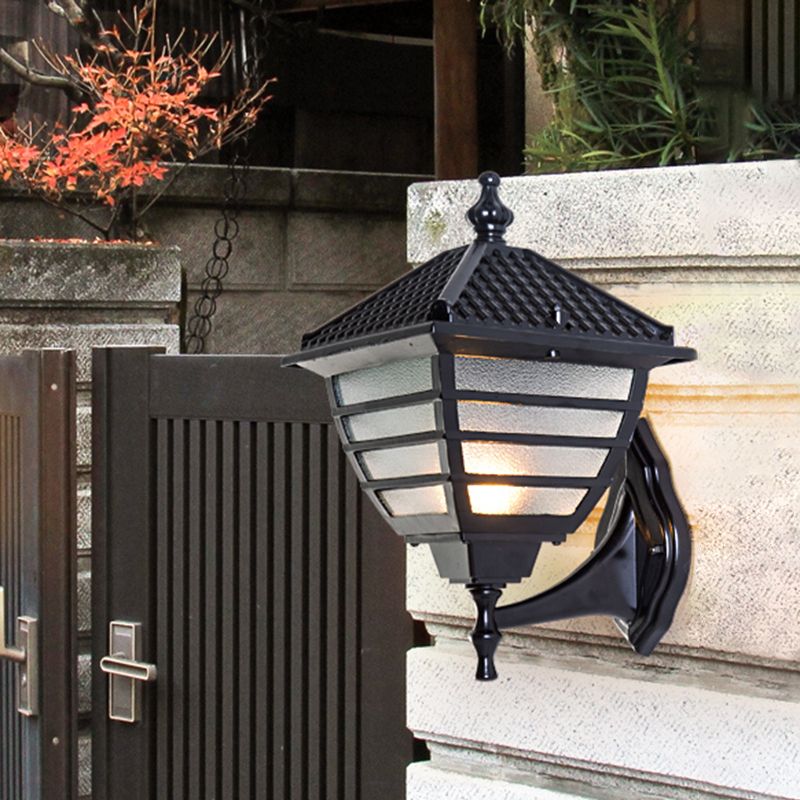 Rustic Lantern Wall Sconce Light Single Bulb Frosted Glass Wall Mounted Lamp in Black
