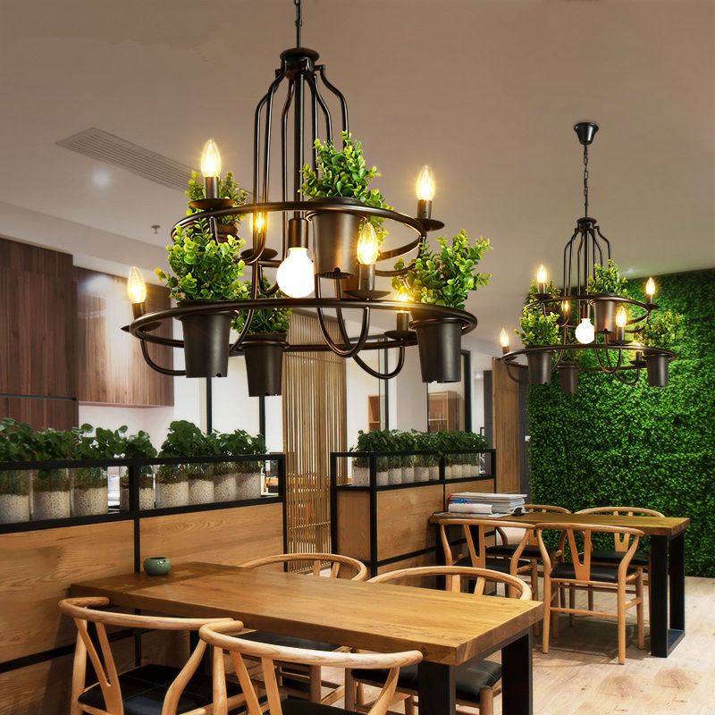 Candelabra Restaurant Hanging Lamp Vintage Iron 7 Heads Black Chandelier Pendant Light with Artificial Potted Plant