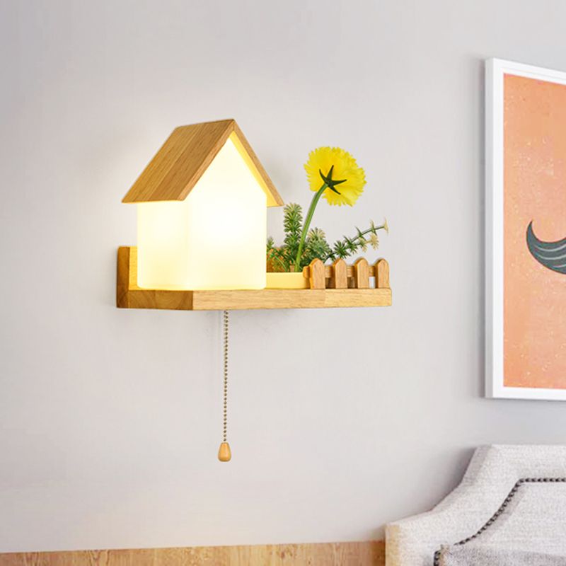 House Bedroom Sconce Light Industrial Frosted Glass 1 Bulb Wood LED Flower Wall Lighting, Left/Right