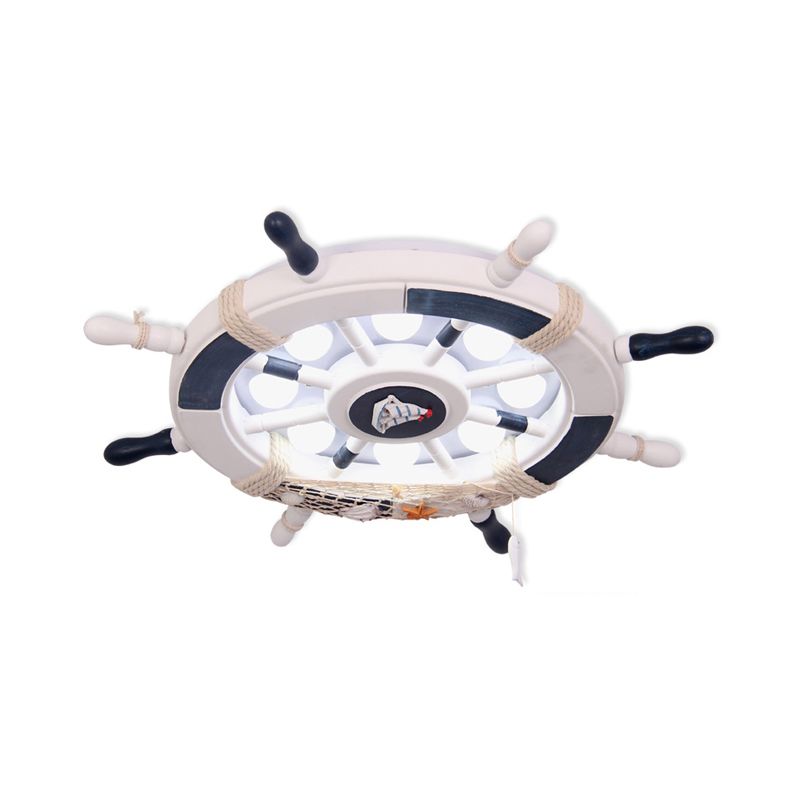 8-Head Boys Bedroom Flush Light Kid Blue/White/Yellow LED Ceiling Mounted Lamp with Rudder Wood Shade, White/3 Color Light