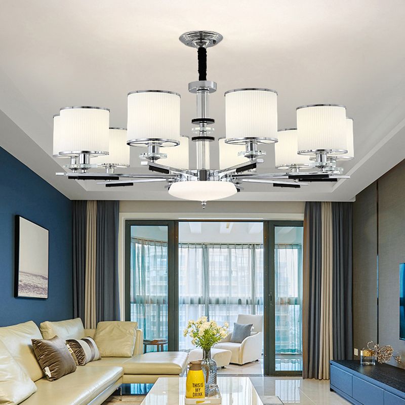 Luz de suspensión de estilo cilíndrico de vidrio de costilla blanca para sala de estar para sala de estar