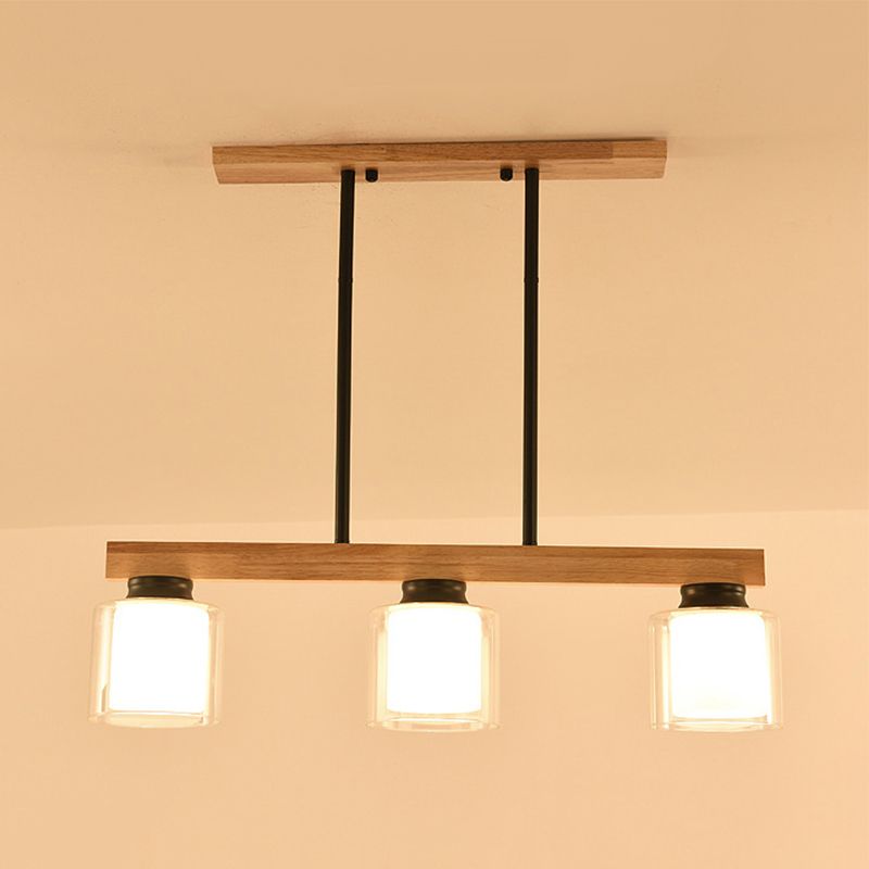 Double Glass Cylinder Shade Island Lighting Restaurant 3/4-Head Nordic Wooden Linear Pendant in White
