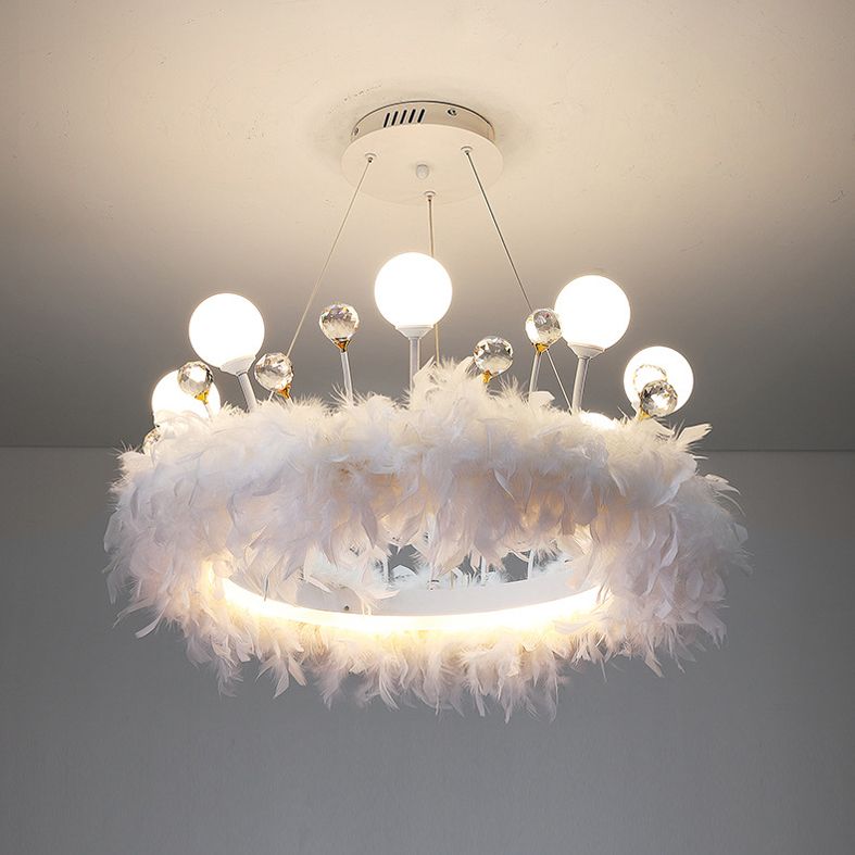 White Feather LED Pendant Light in Modern Luxury Style Aluminium Chandelier with Crystal Decoration