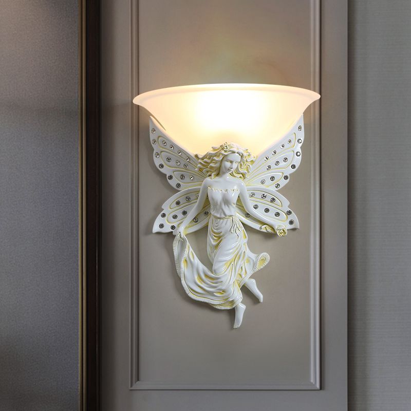 1 Light Wall Lighting Ideas Country Half-Bowl Opal Glass Wall Sconce in White/Gold with Right/Left Resin Angel