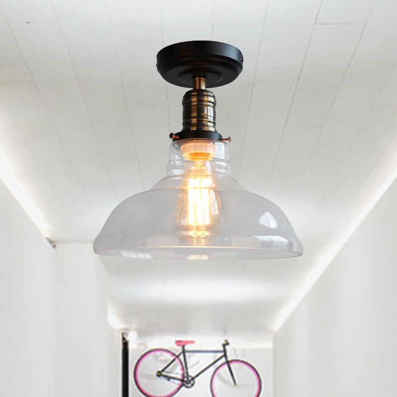 Black One Light Ceiling Lighting Industrial Clear Glass Barn Shade Semi Flush Light