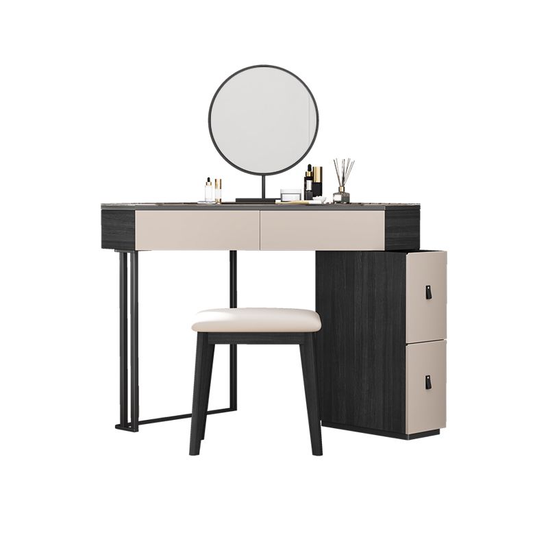 Modern Corner Vanity Table Stool and Mirror Set Glass Top 4-Drawer Dresser