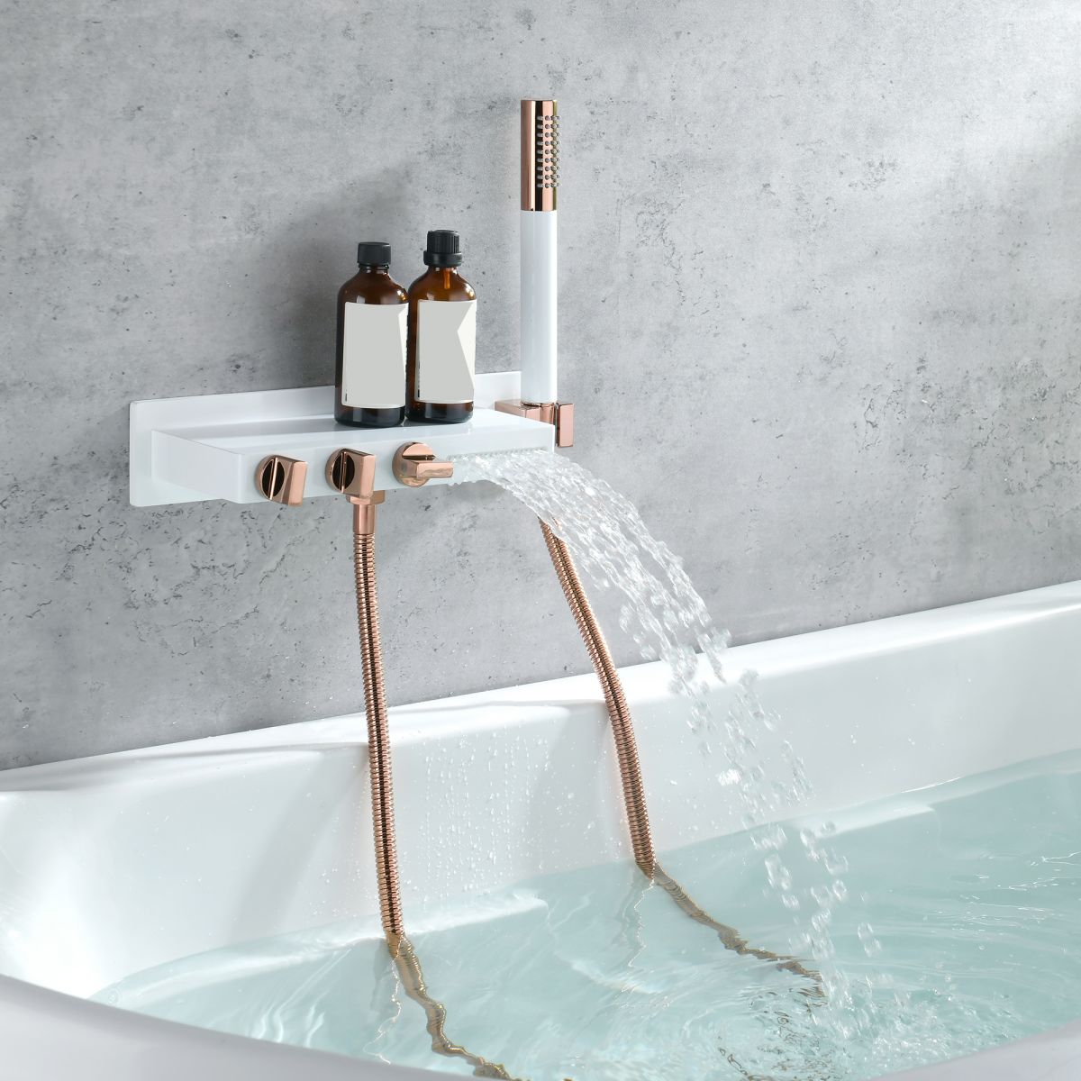 Wall Mount Tub Filler Modern Brass Triple Knob Handle Waterfall Tub Filler with Handshower