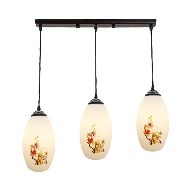 3 Bulbs Multiple Hanging Light Modern Oblong Frosted White Glass Linear/Round Canopy Pendulum Lamp with Flower Pattern