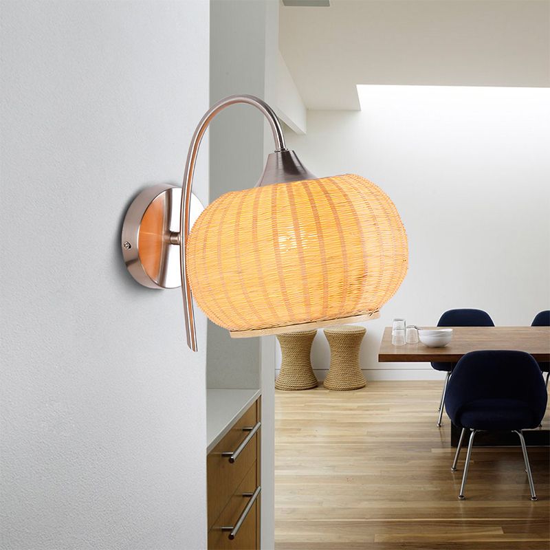 Beige Pumpkin Wall Lighting Asian 1 Head Bamboo Sconce Light Fixture with Metal Curvy Arm