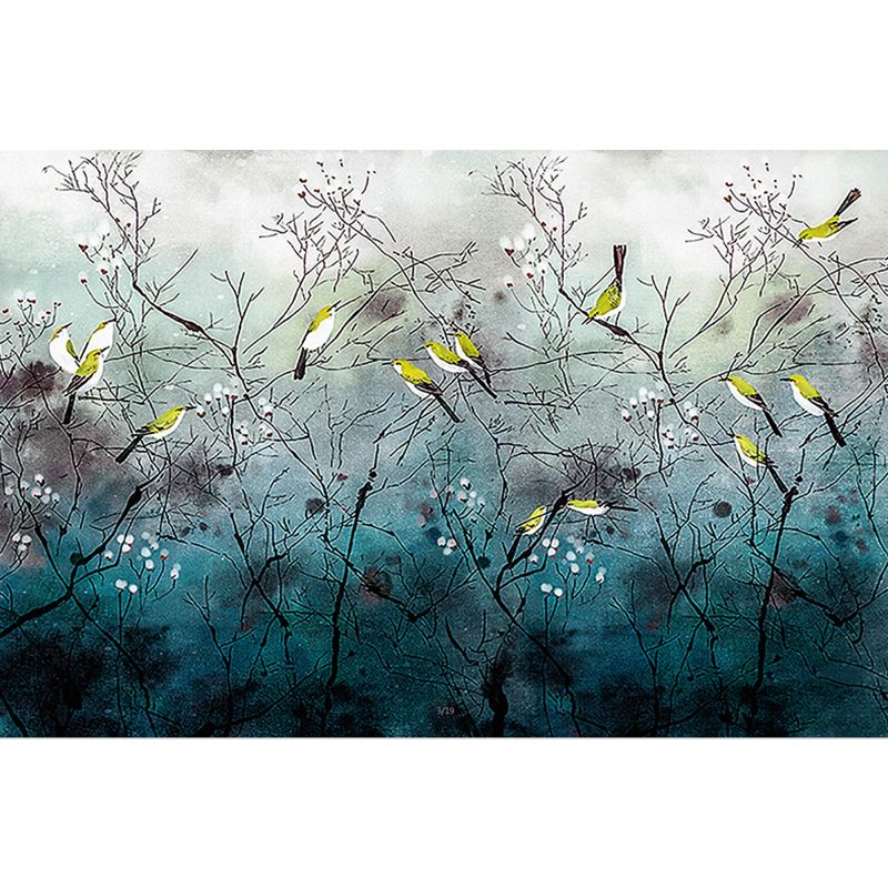 Illustration Bird on Branches Mural Large Wall Decor for Living Room, Made to Measure