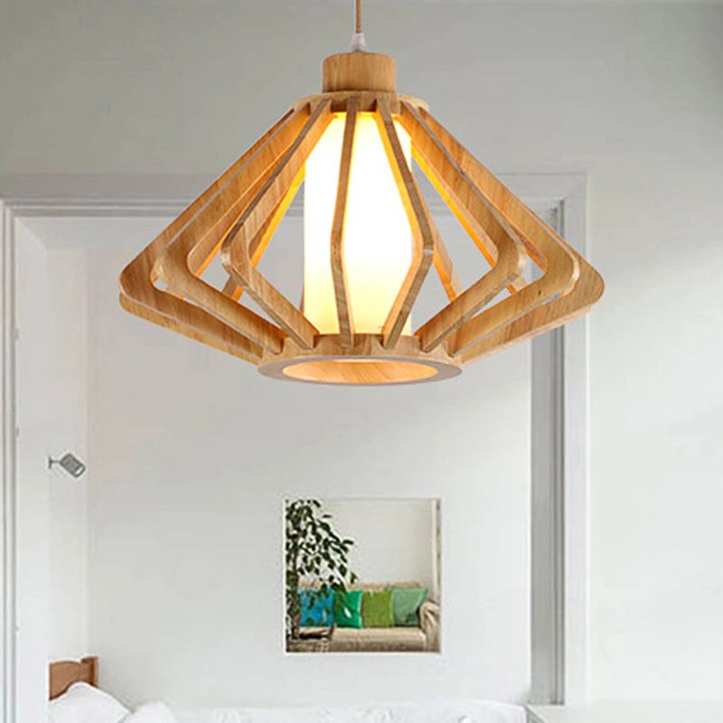 13"/17" Wide Wood Diamond Hanging Light Fixture Modern 1 Bulb Drop Light with Cylinder Glass Shade in Natural Wood