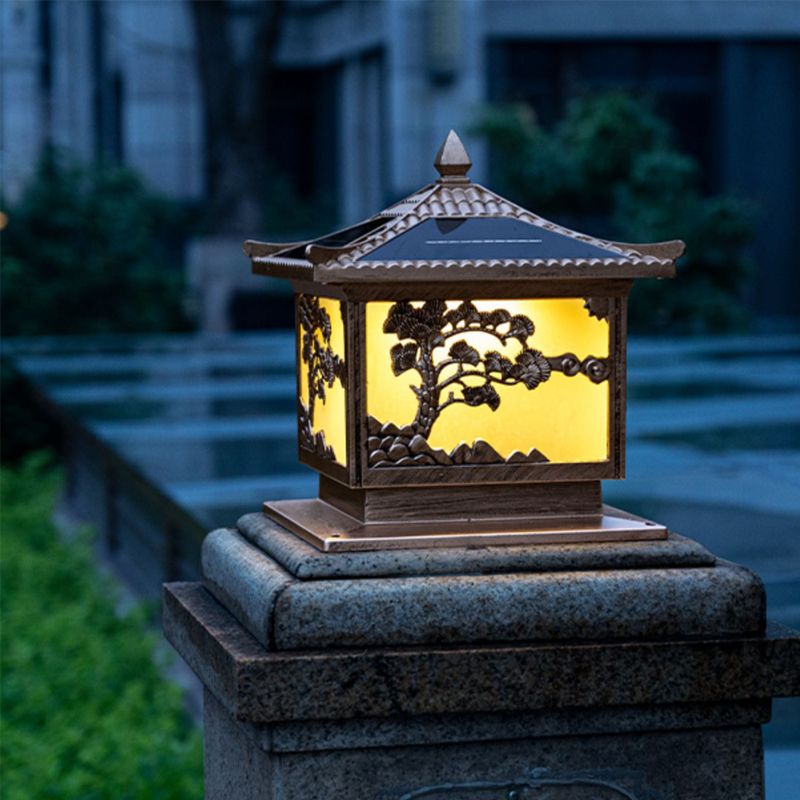 Metal Rectangular Shape Solar Pillar Lamp Modern-Style 1 Light Outdoor Light