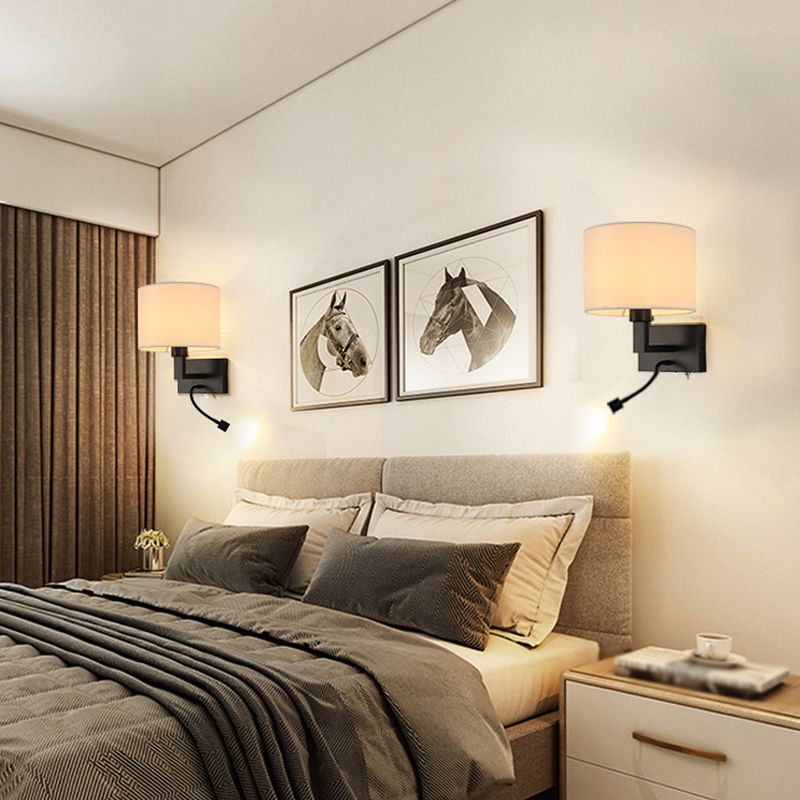Modern Metal Wall Sconce Cylinder Shape Wall Light with Fabric Shade for Bedroom