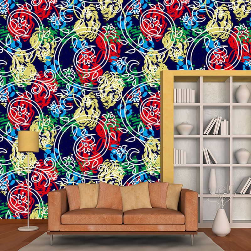 Peonies and Swirl Vine Mural Decal Red-Yellow-Blue Stylish Wall Covering for Bedroom