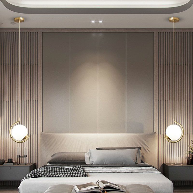 Novelty Simple Ball Pendant Light Cream Glass 1-Bulb Bedside Suspension Lighting in Gold