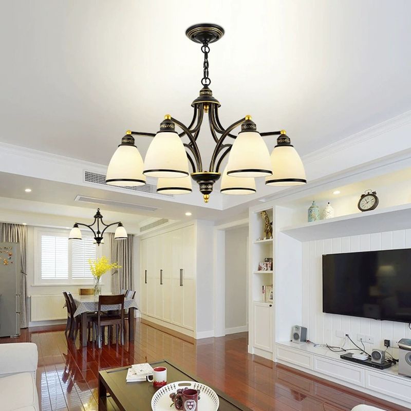 American Style Hanging Chandelier White Glass Shade Chandelier Light Fixture in Black