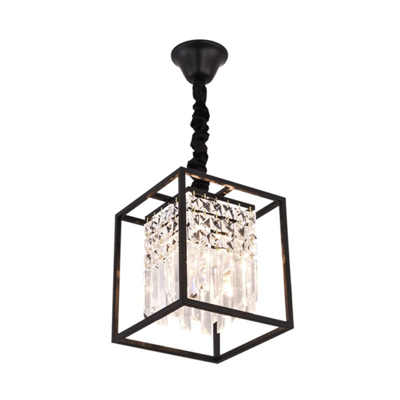 Black Square Suspension Lighting Modernism Three Sided Crystal Rod 2 Heads Corridor Pendant Chandelier