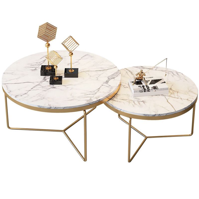 Round Coffee Table Set with Golden Iron X-Base and Marble Top