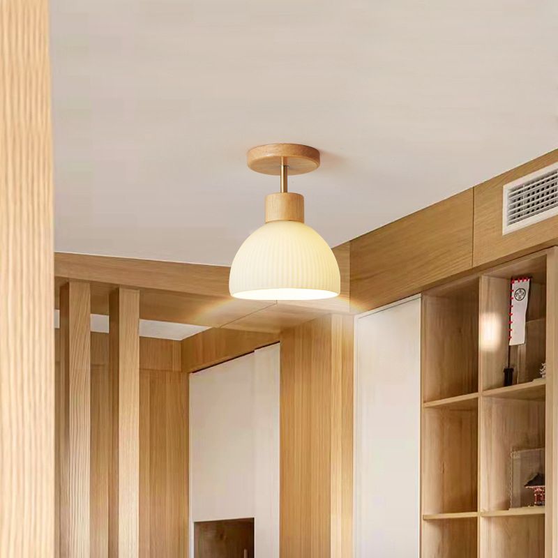 Contemporary Dome Flush Light Fixture Wood 1 Light Flush Mount Ceiling Fixture in Brown
