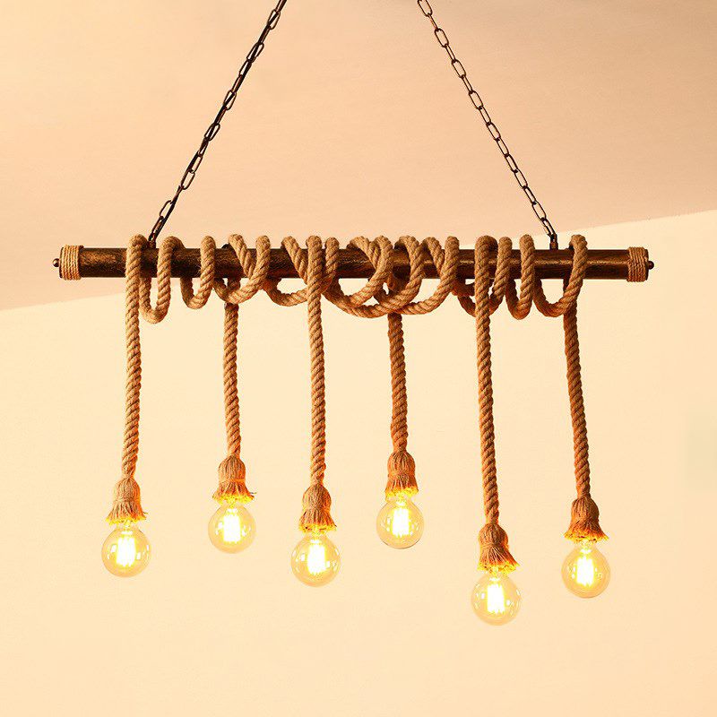 Farmhouse Dining Room Lighting Exposed Bulb Island Lamp with Rope
