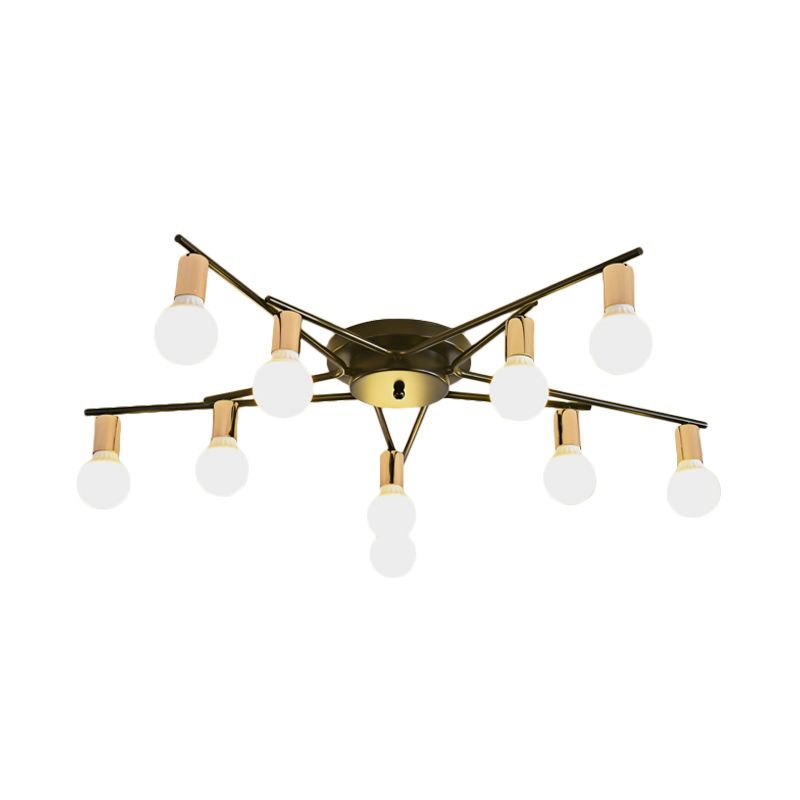 Gold 6/8/10-Head Ceiling Flush Traditional Iron Starburst Semi Flush Light Fixture with White Glass Shade