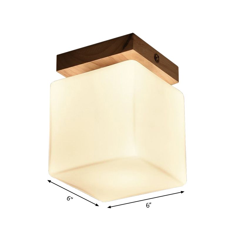 Porch Cube Shape Flush Ceiling Light Wood & Glass 1 Head Japanese Stylish White Ceiling Lamp