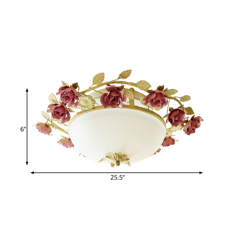 American Flower Bowl Ceiling Flush 3-Light Opal Frosted Glass Flushmount Lighting in Pink-Green, Small/Large Size