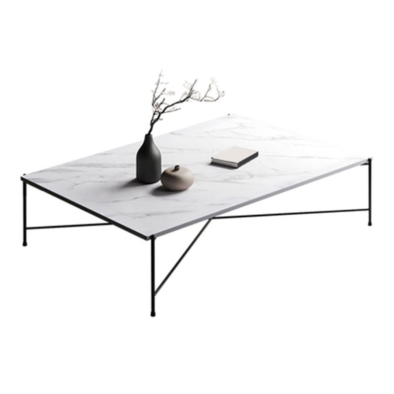 Metal Cross Legs Coffee Table with Rectangular Stone Top in White