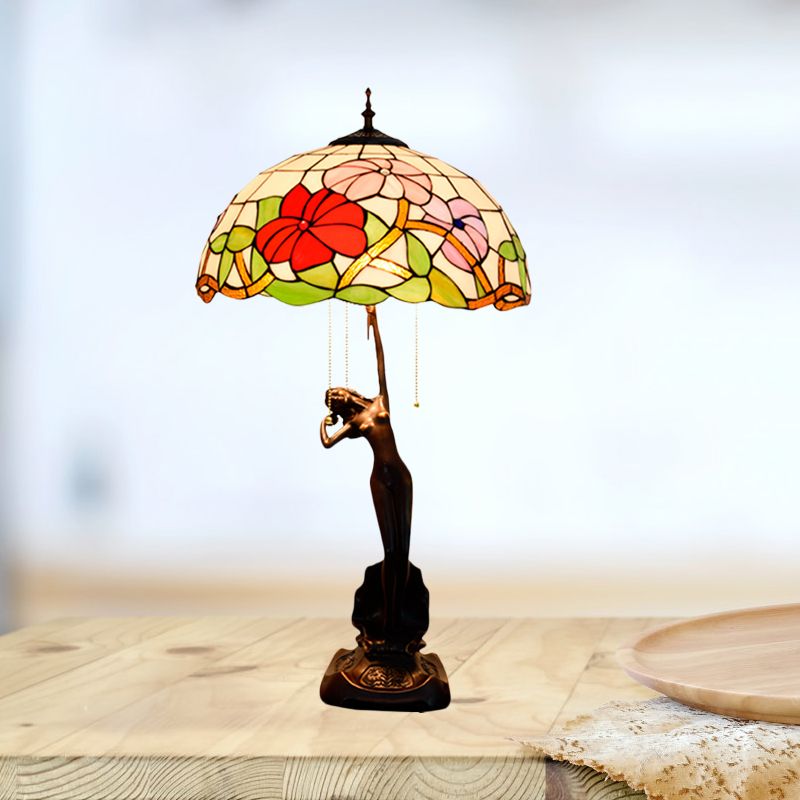 Blüte Buntglas Tischlampe Tiffany-Stil 3 Köpfe Rot/Orange Pull-Chain Night Stand Light mit Frauen Skulptur
