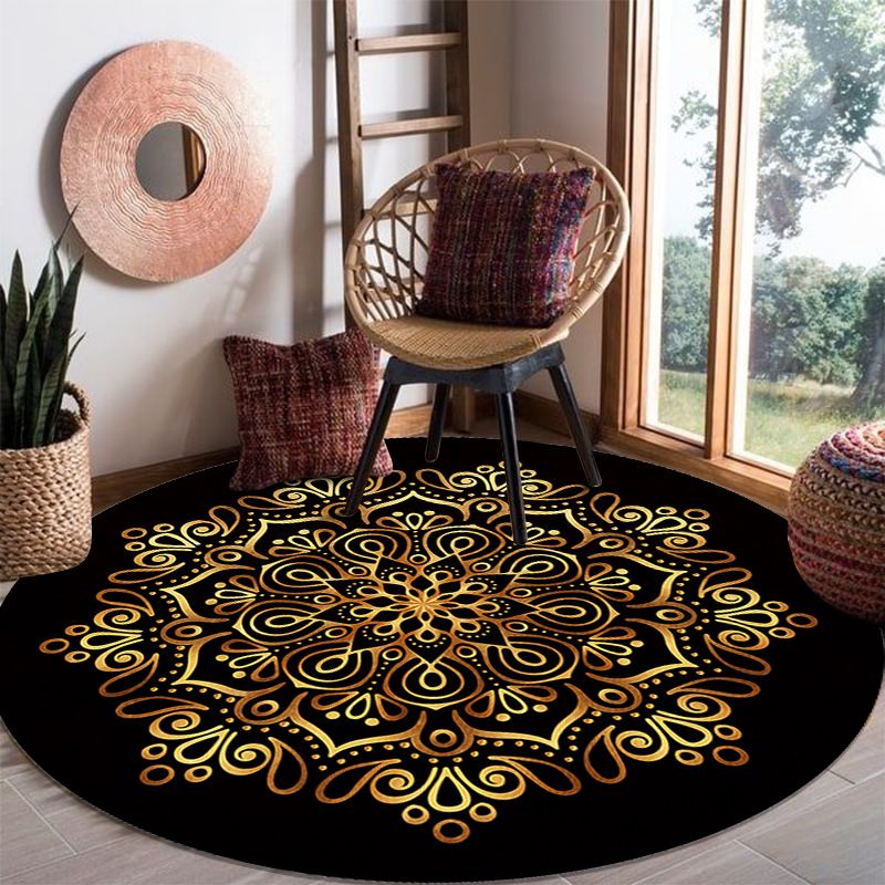 Golden Moroccan Rug Hot Stamping Print Polyester Rug Anti-Slip Carpet for Living Room