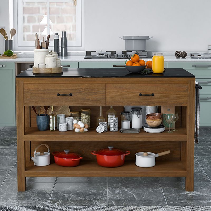 Brown Rectangular Kitchen Island Table with Solid Wood Open Storage