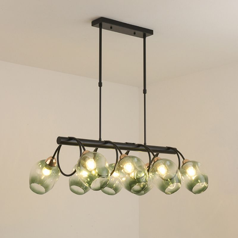 Wine Cup Island Light Modern Dimpled Blue/Green Ombre Glass 6/8/10-Head Black Suspended Lighting Fixture
