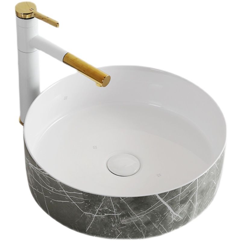 Modern Bathroom Sink Ceramic Marble Pattern Round Bathroom Sink with Pulling Faucet