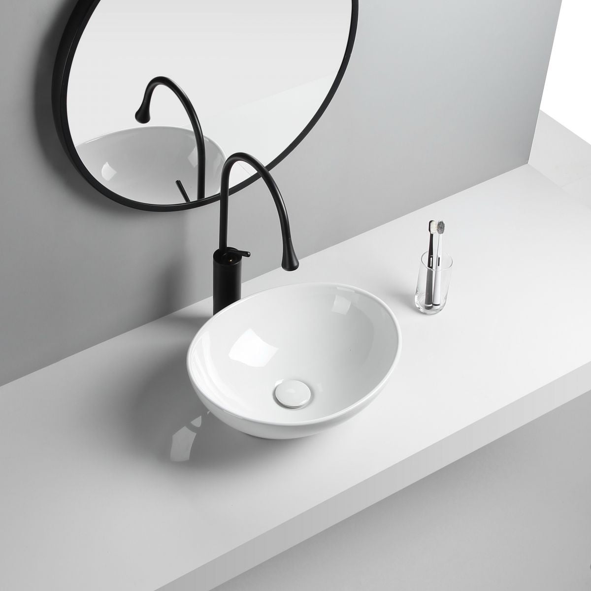 Modern Vessel Lavatory Sink Porcelain Oval with Faucet and Drain Assembly Vessel Sink