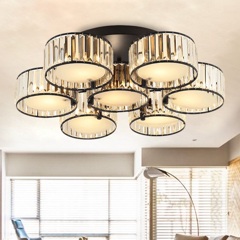 3/5/6 Lights Living Room Ceiling Light Fixture Modern Black Flush Mount with Drum Crystal Shade