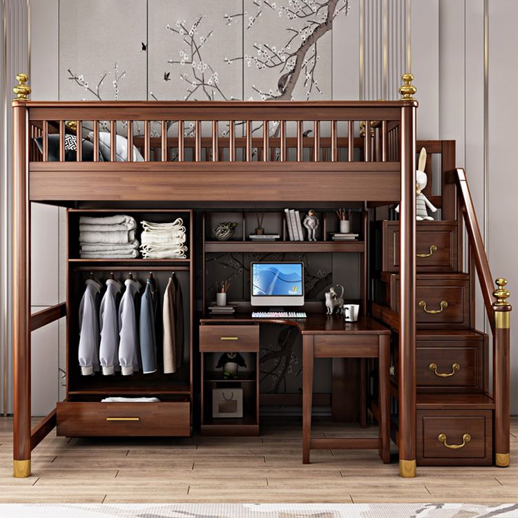 Solid Wood Loft Bed with Storage Scandinavian Brown Kids Bed with Open Frame