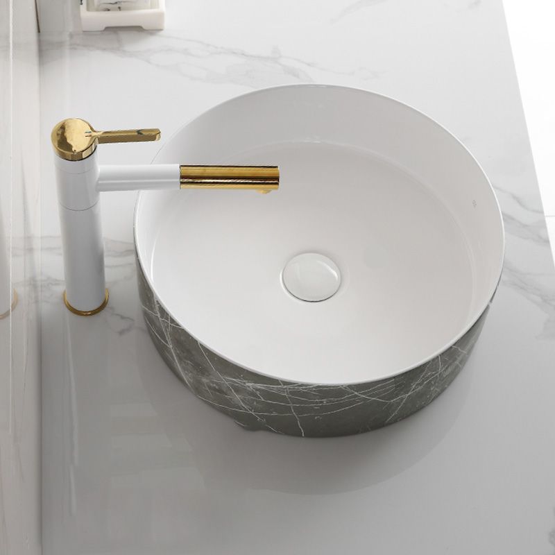 Modern Bathroom Sink Ceramic Marble Pattern Round Bathroom Sink with Pulling Faucet