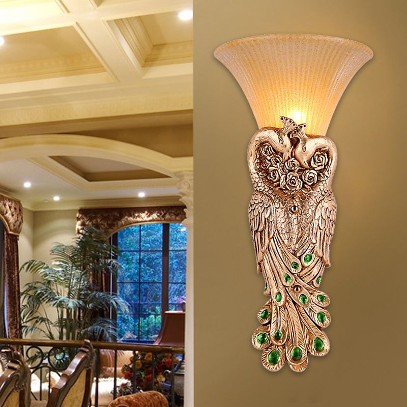 Single Head Wall Sconce Countryside Inverted Cone Amber Fluted Glass Wall Mounted Lamp with Peacock Decor in Gold