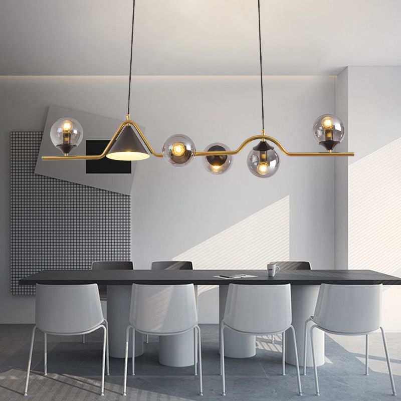 Metal Linear Island Light with Glass Ball Shape Nordic Minimalist Style Metal Island Pendant for Dining Room