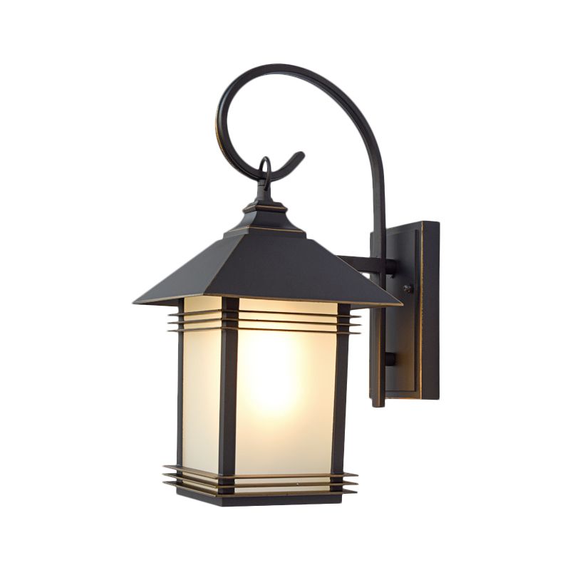 Black Lantern Wall Lamp Fixture Rustic Opaque Glass 1 Light Outdoor Wall Mounted Lighting